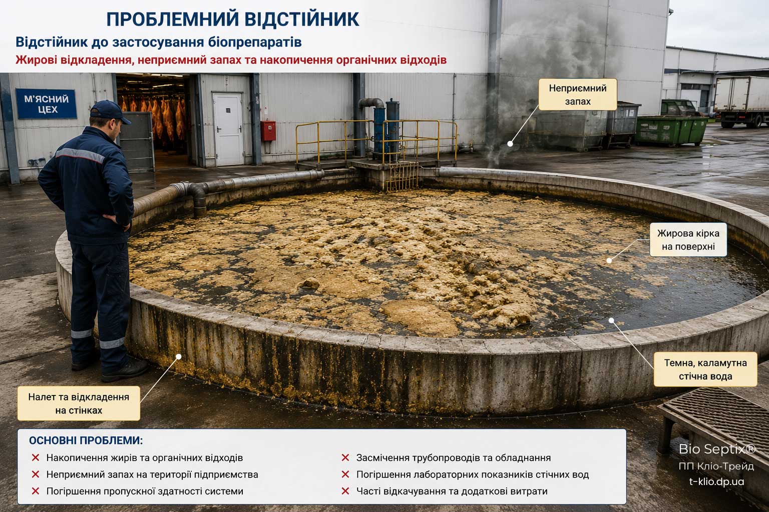 Проблемний відстійник підприємства харчової промисловості до застосування біопрепаратів Bio Septix: жирові відкладення та органічні забруднення