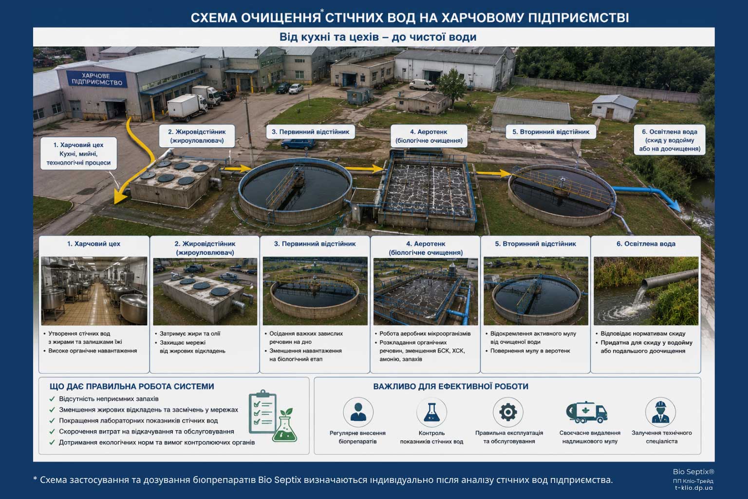 Очищення стічних вод харчового підприємства біопрепаратами Bio Septix: схема роботи жироуловлювача, відстійників та біологічного очищення.